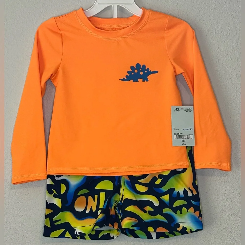 Okie Dokie Toddler Boys Dinosaur Rash Guard Shirt /Swim Trunks Set NWT Size 12M